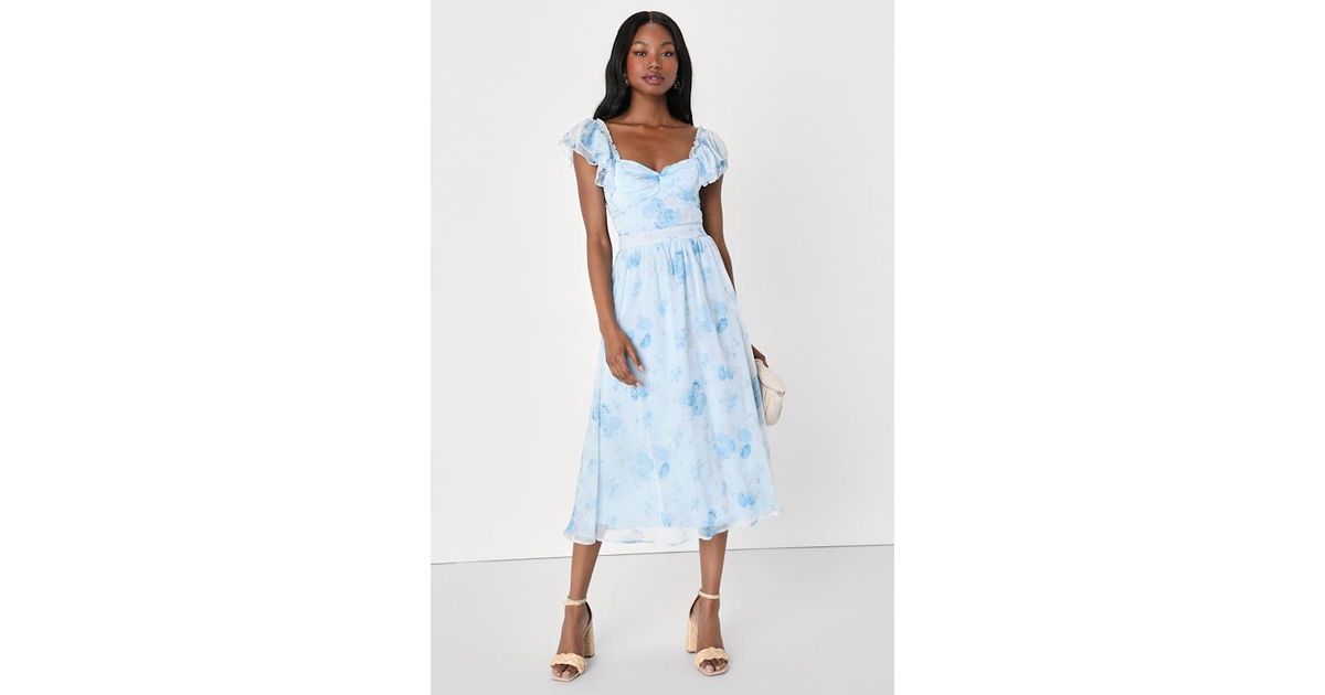 Lulus Loveliest Darling Floral Ruffled Tie-Back Midi Dress in Blue | Lyst UK