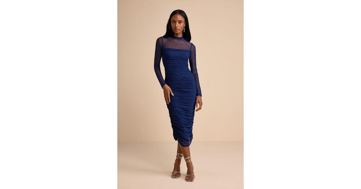 Lulus Impressive Flirt Mesh Ruched Mock Neck Midi Dress in Blue | Lyst