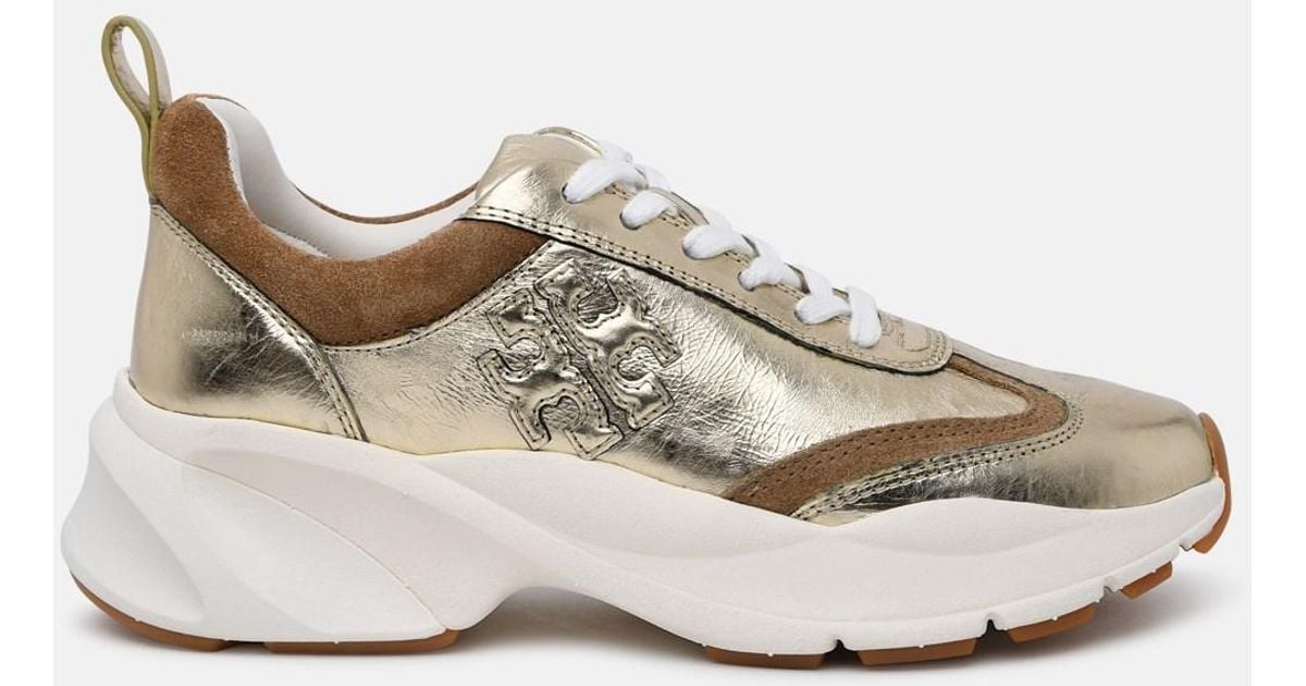 Tory Burch Suede Leather Good Luck Trainer Sneaker in Gold (Metallic) | Lyst