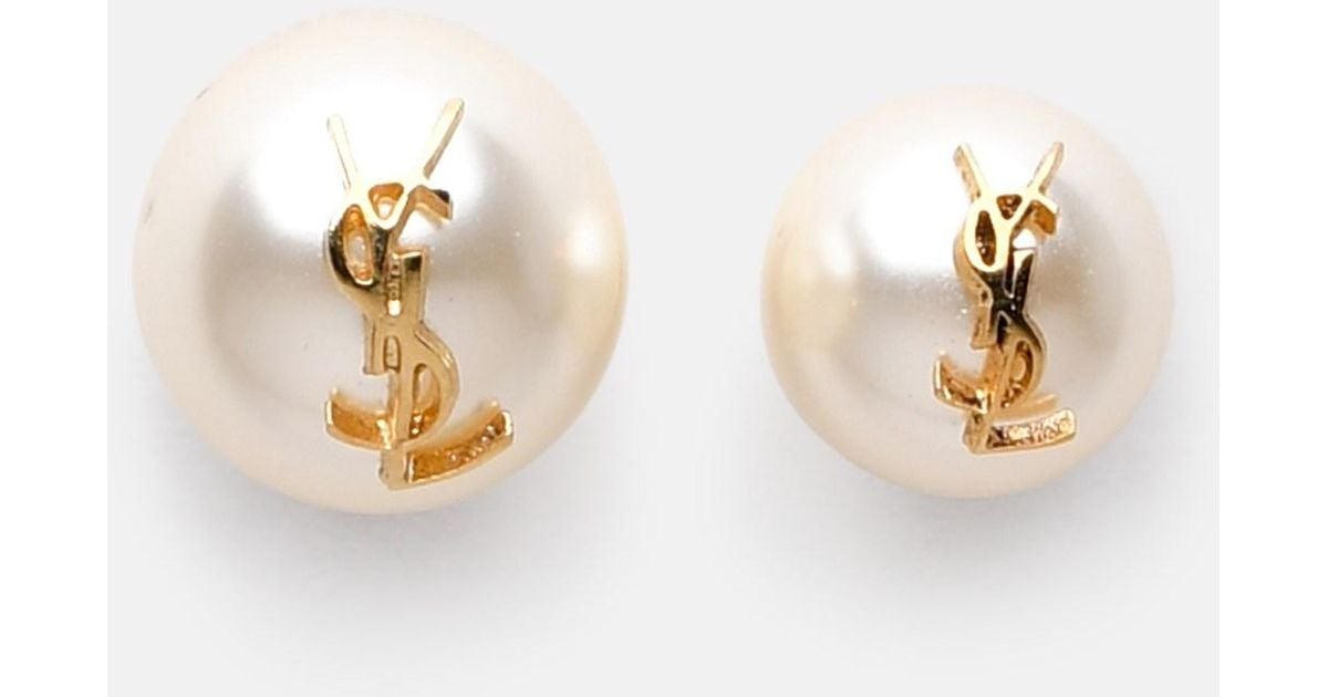 Saint Laurent Ysl Pearl Metal Earrings in Natural Lyst