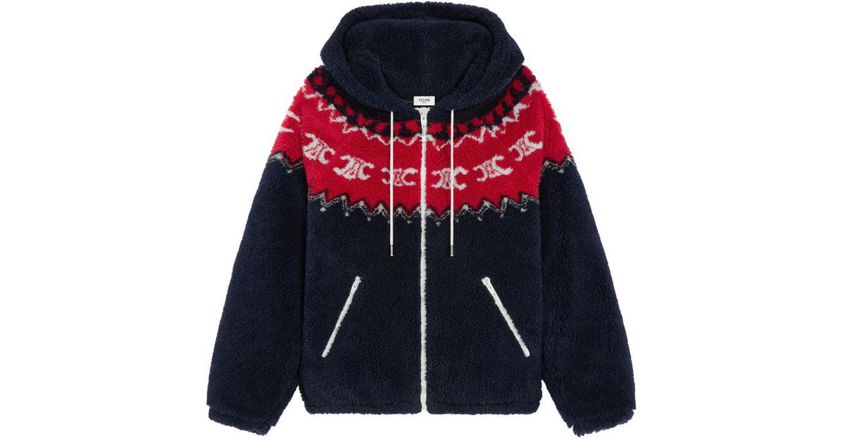 Celine Fair Isle Triomphe Brushed Fabric Hooded Jacket in Red for Men ...