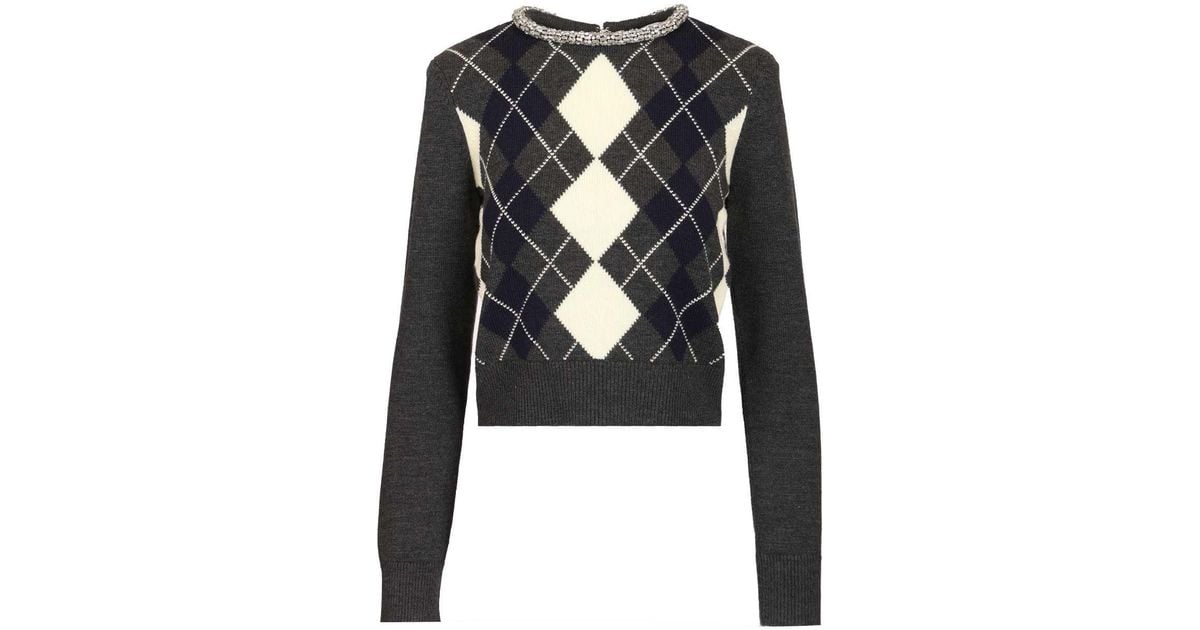 Self-Portrait Argyle Crystal Trim' Sweater in Black | Lyst