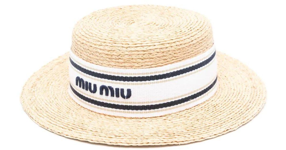 Miu Miu Logo Ribbon Raffia Hat Authentic Miu Miu // 2023 Raffia Logo Band Sun Hat – VSP Consignment main image 3