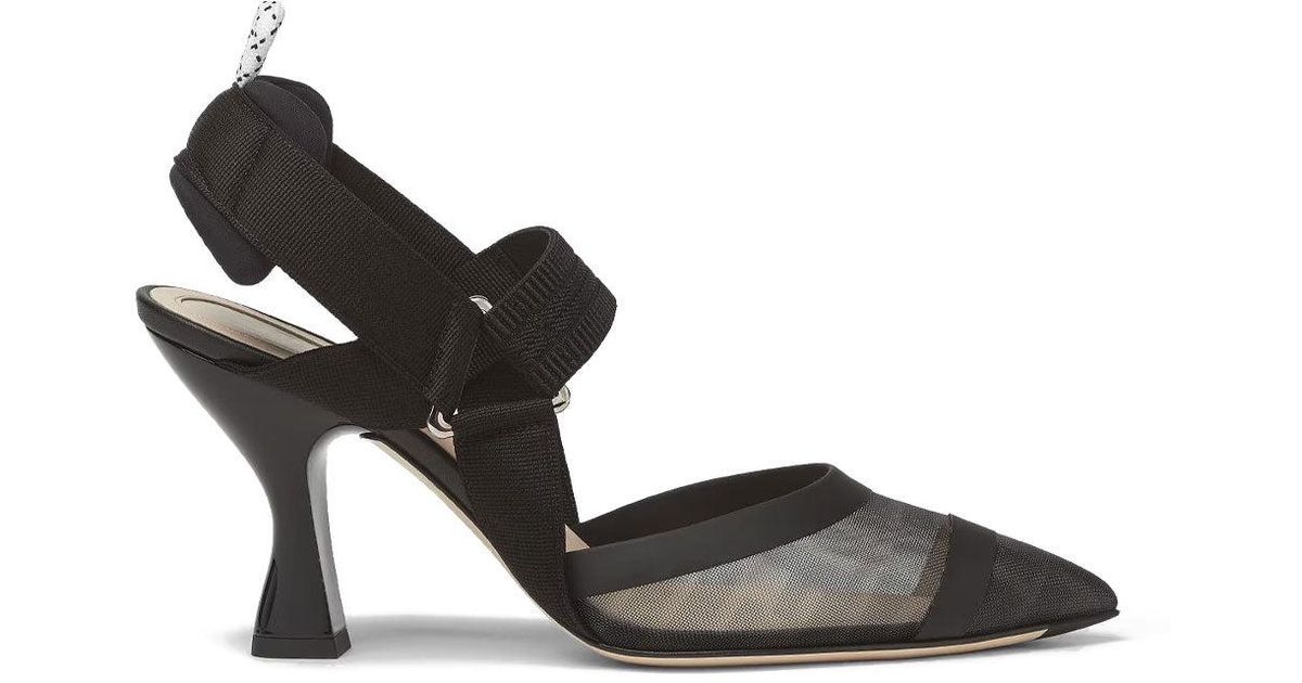 Fendi Hummingbird Leather And Mesh Slingbacks Shoes in Black | Lyst
