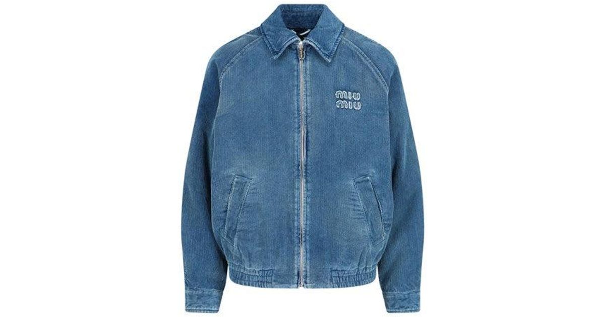 Miu Miu Denim Zip Bomber Jacket in Blue | Lyst
