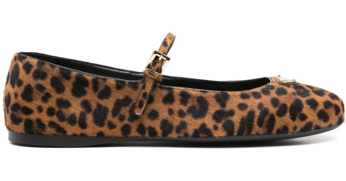 バレエシューズ PRADA WHITE/DARK BROWN BALLERINAS WITH ANIMAL PRINT White/dark Brown Printed Leather Ballerinas | PRADA
