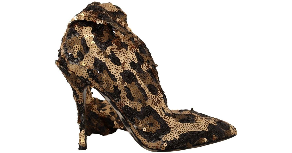 Dolce & Gabbana Gold Leopard Sequins Heels Boots Shoes in Brown | Lyst