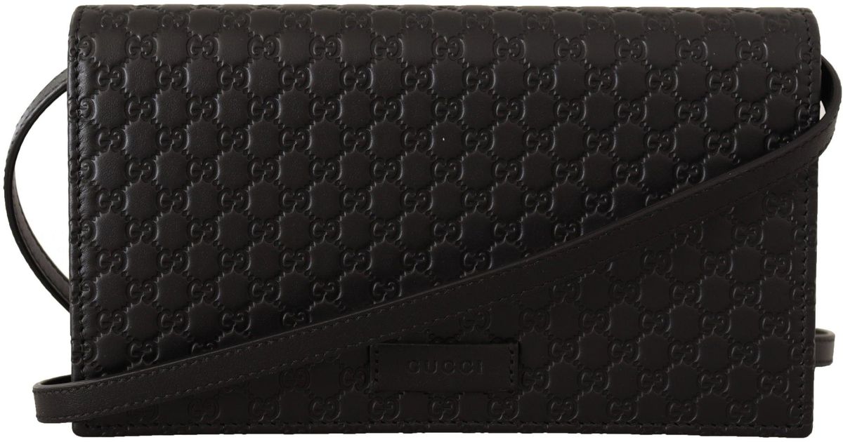 Gucci Black Leather Micro Ssima Long Crossbody Bag | Lyst
