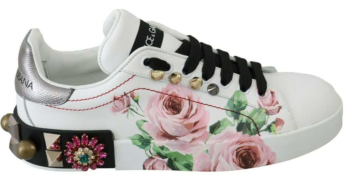 Dolce & Gabbana Leather Crystal Roses Floral Sneakers Shoes in 