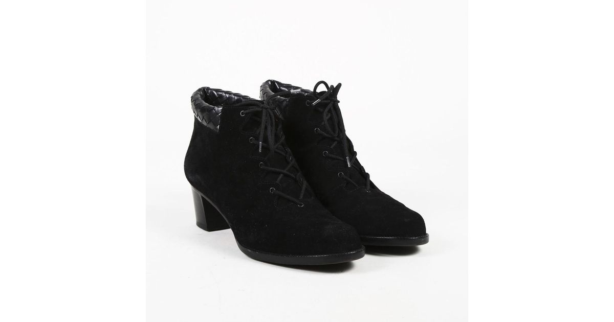 Bottega Veneta Vintage Black Suede Intrecciato Lace Up Ankle Boots - Lyst