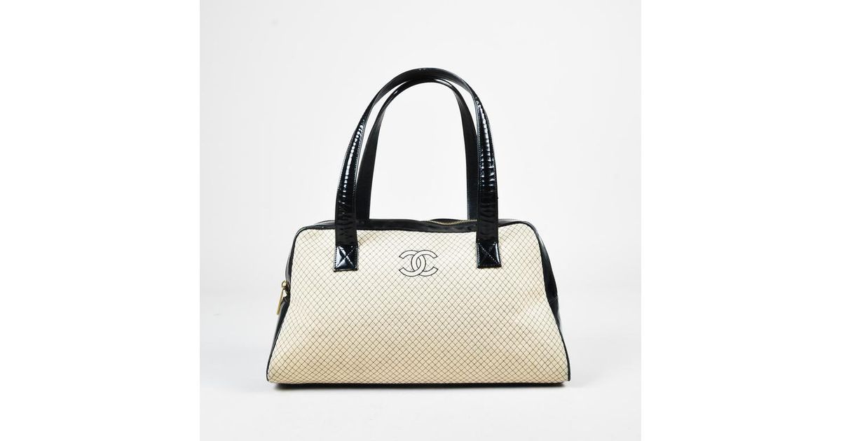 Chanel Natural Cream Black Patent Leather Knit Quilted Bowler Bag