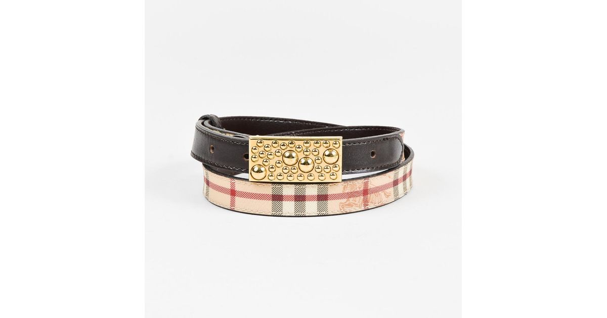 Burberry Tan Brown Gold Tone Leather Plaid Horse Logo Textured Buckle Belt  - Lyst