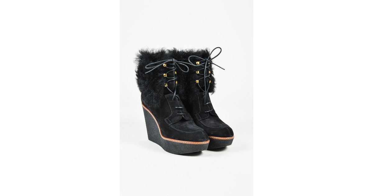 Louis Vuitton Black Suede & Shearling Lace Up Wedge Boots - Lyst