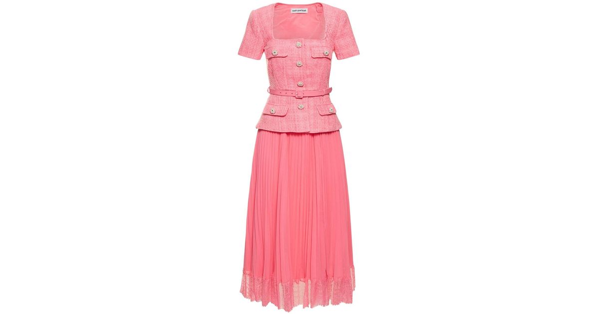 Self-Portrait Embellished Lace-trimmed Pleated Chiffon And Bouclé Midi ...