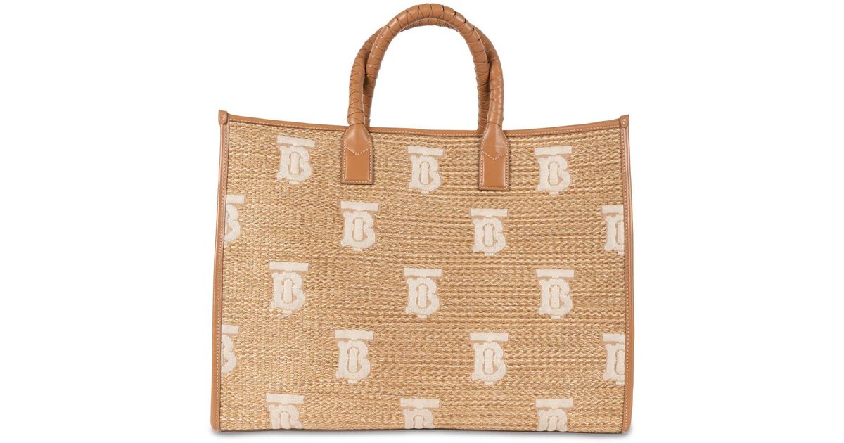 Burberry Lg Freya Tb Woven & Leather Tote in Brown | Lyst
