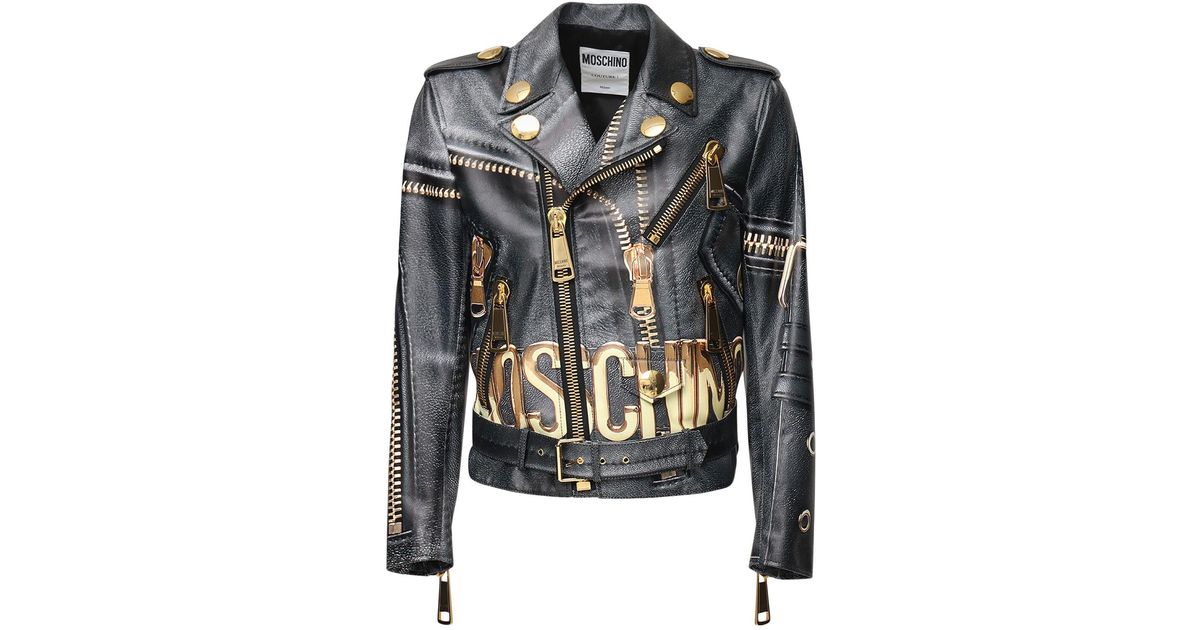Moschino All Over Logo Print Leather Biker Jacket for Men | Lyst Moschino All Over Logo Print Leather Biker Jacket for Men | Lyst