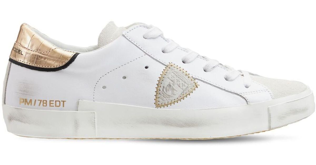 Philippe Model Leather & Suede Low Sneakers in White/Gold (White 