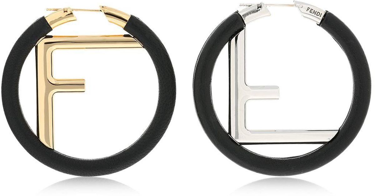 Fendi Logo Nappa Leather Hoop Earrings in Black