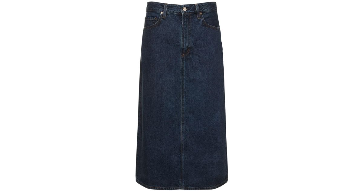 Goldsign The Low Slung Cotton Denim Midi Skirt in Blue