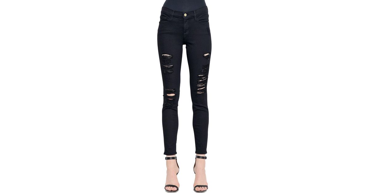 FRAME Skinny Le Color Destroyed Denim Jeans in Black Lyst