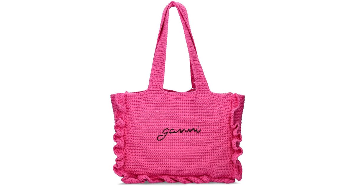 GANNI ■ Cotton Crochet Frill Tote Bag Ganni Frill Striped Cotton Crochet Tote Bag