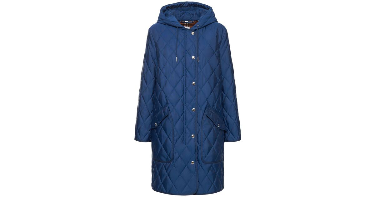 Burberry Roxby Quilted Hooded Midi Coat in Blue | Lyst