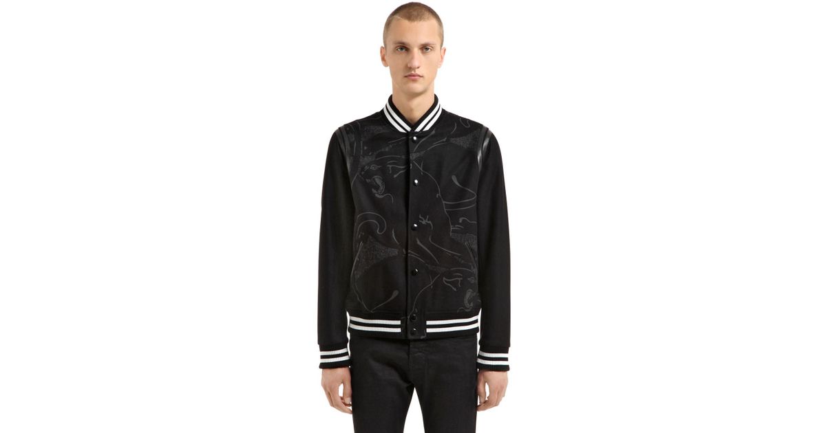 Valentino Panther Leather & Wool Varsity Jacket in Black/Grey ...