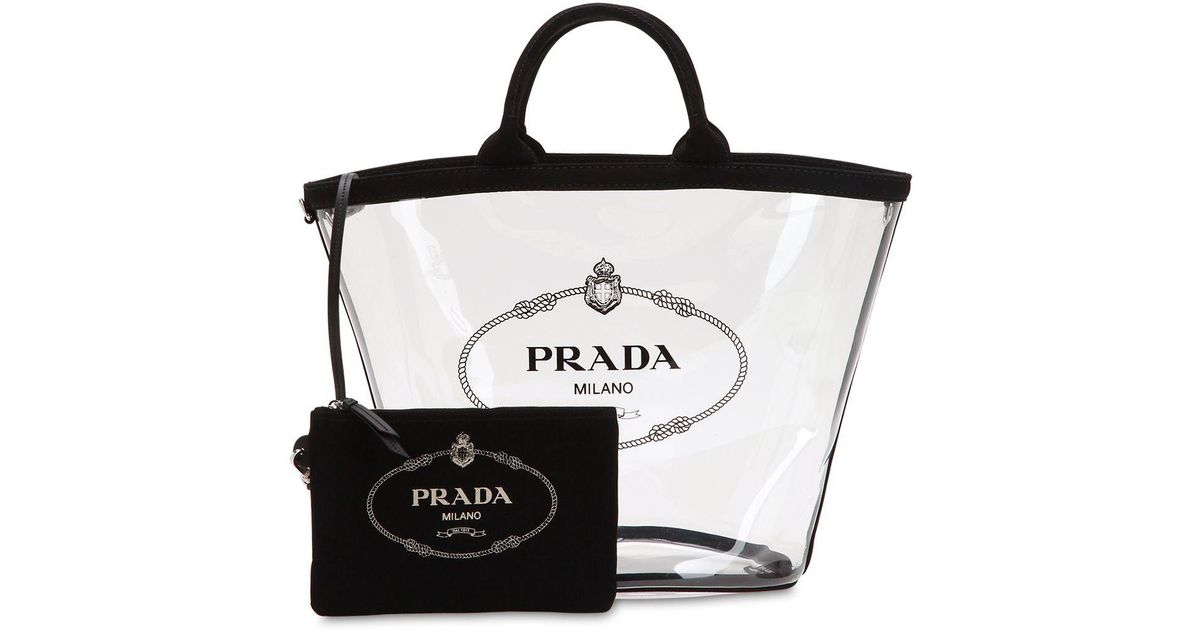 Prada Logo Print Pvc Tote Bag W/ Canvas 