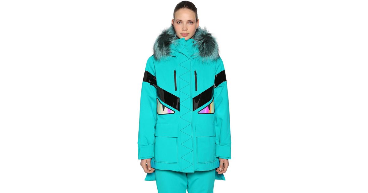 Fendi Monster Hooded Padded Ski Coat W/ Fur in Blue - Lyst