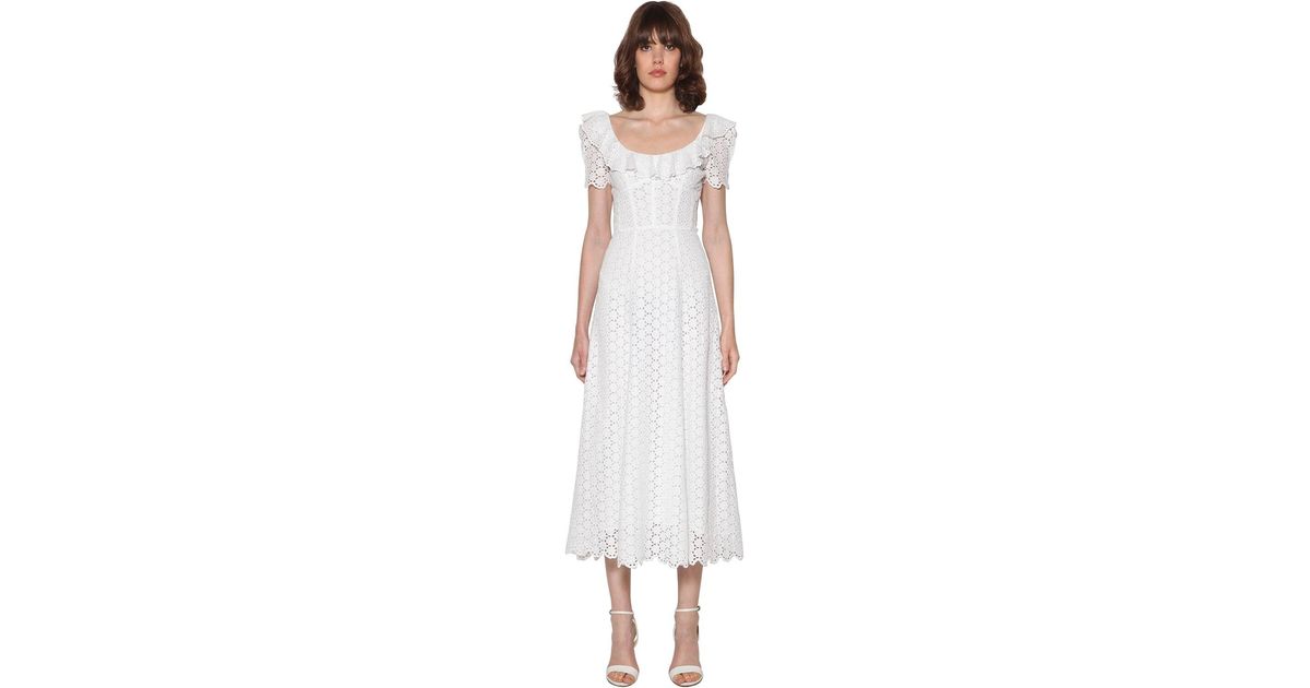 Polo Ralph Lauren Ruffled Eyelet Lace Cotton Midi Dress in White | Lyst