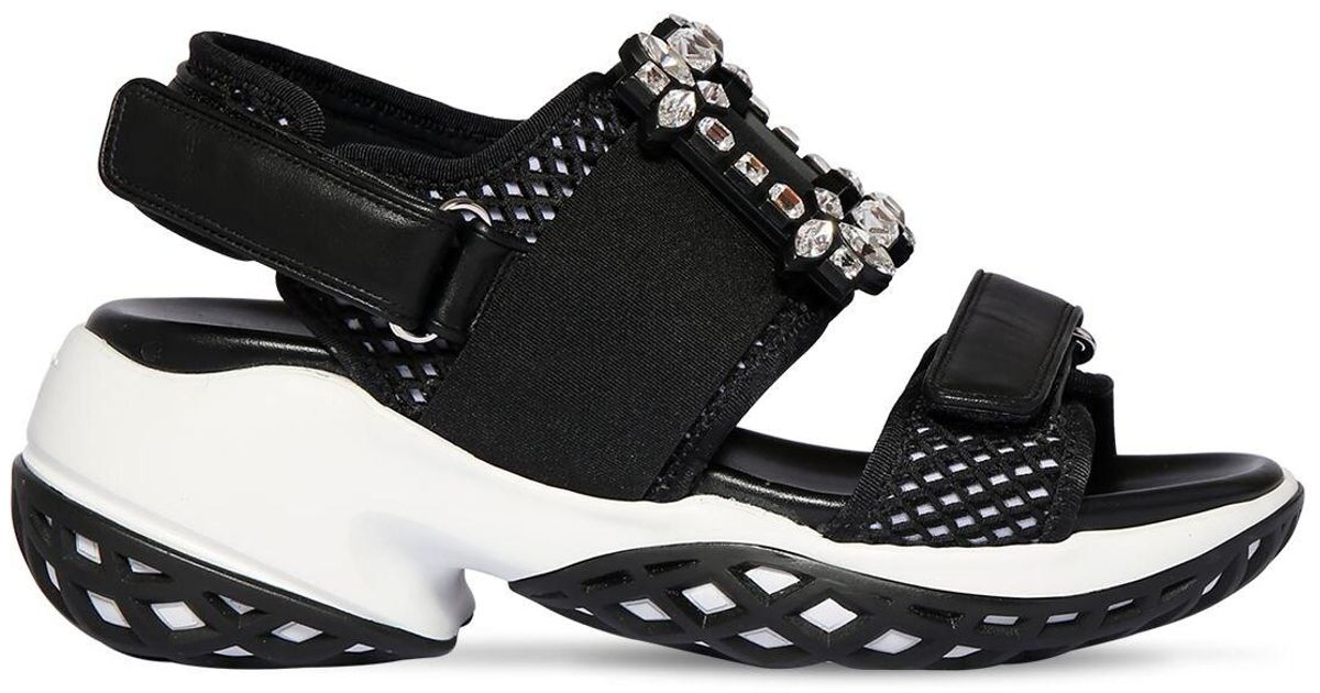 Roger Vivier 75mm Viv Run Mesh & Leather Sandals in Black - Lyst