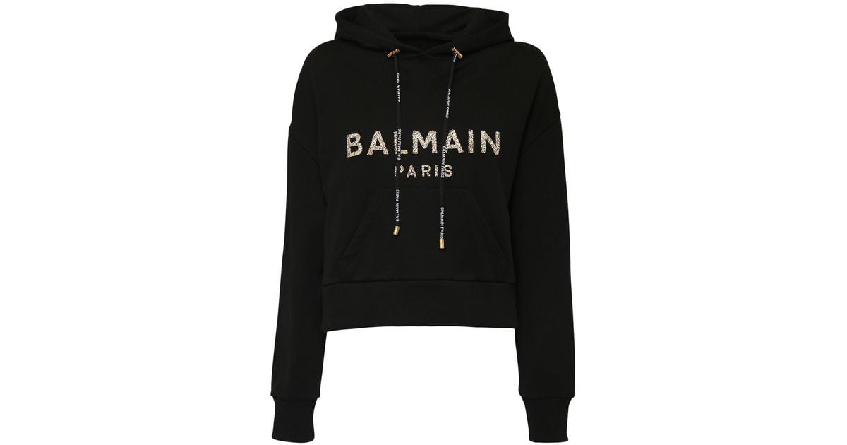 Balmain Logo Crop Cotton Sweatshirt Hoodie in Black/Gold (Black) - Lyst