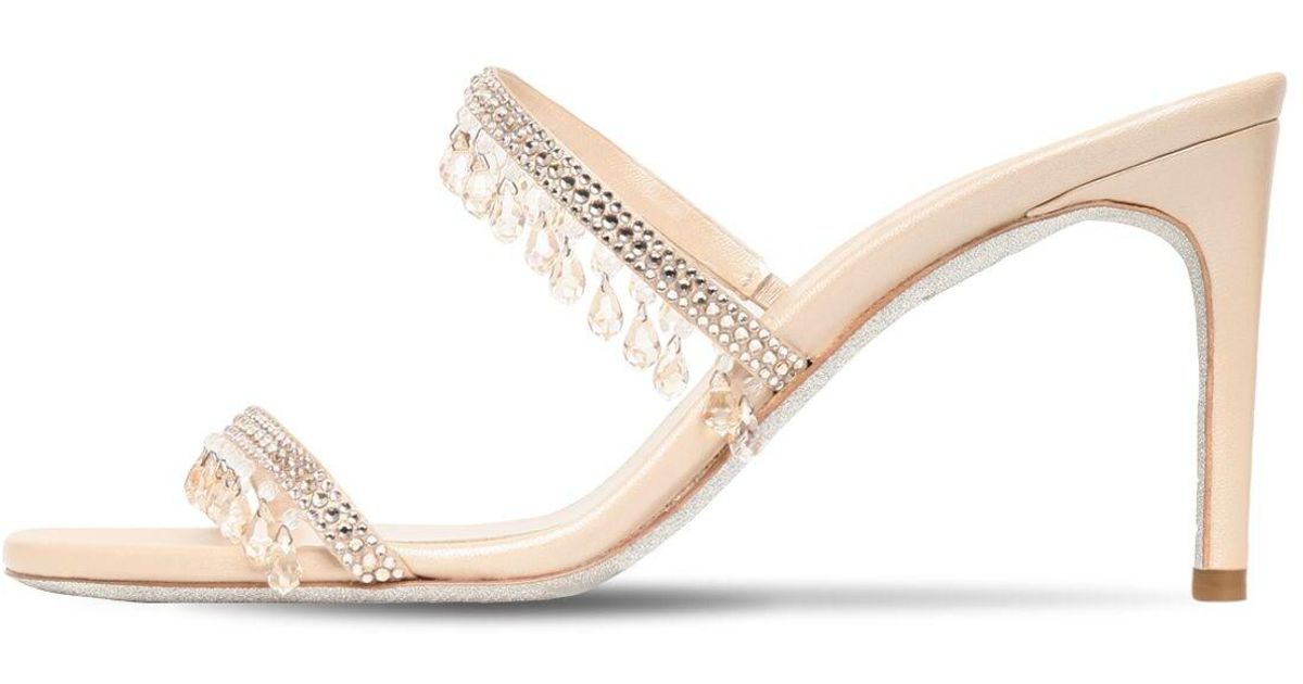 Rene Caovilla 80mm Embellished Satin Mules in Beige (Natural) - Lyst