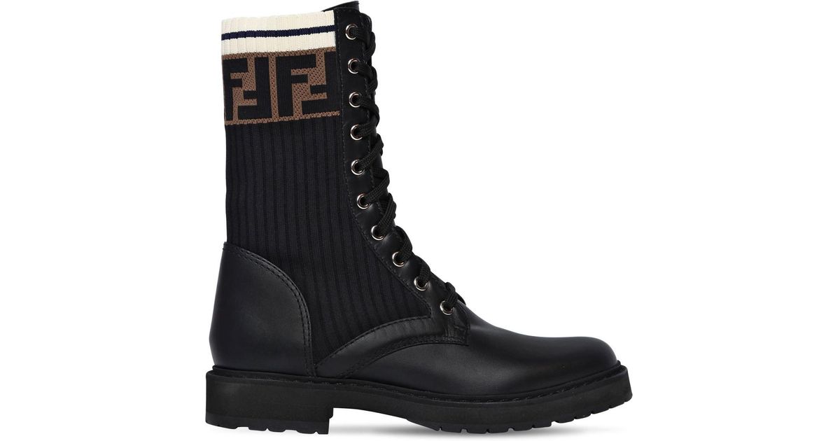 Fendi 20mm Leather & Knit Combat Boots in Black - Lyst
