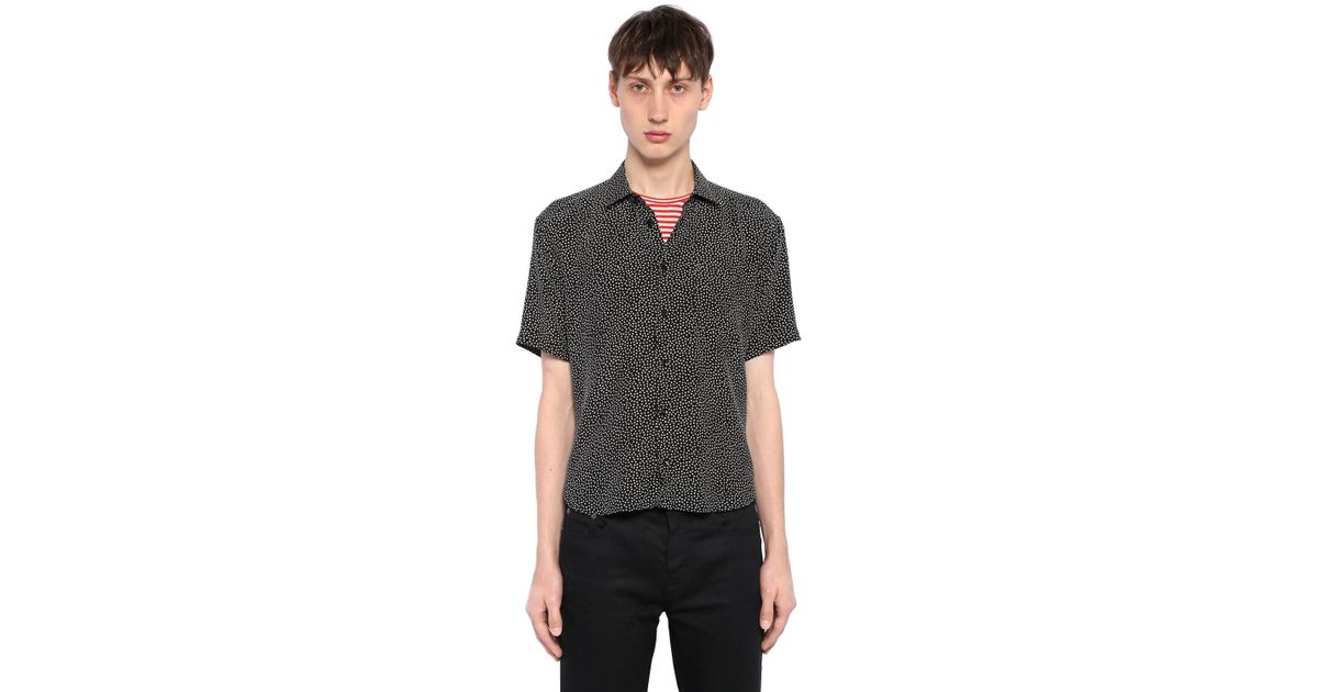 Saint Laurent Micro Polka Dots Short Sleeve Silk Shirt in Black 