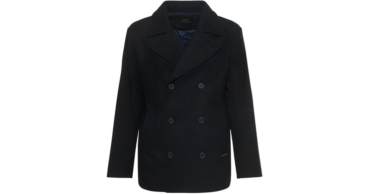 Armani Exchange Blue Double Breast Wool Blend Peacoat for men