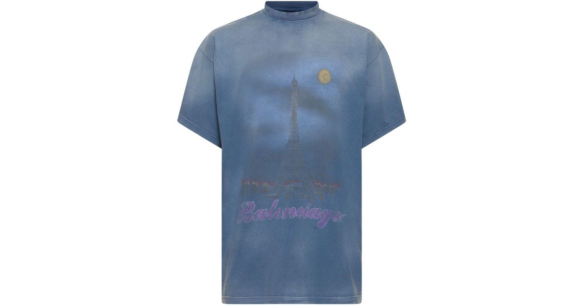 Balenciaga New Paris Moon Vintage Cotton T-Shirt in Blue for