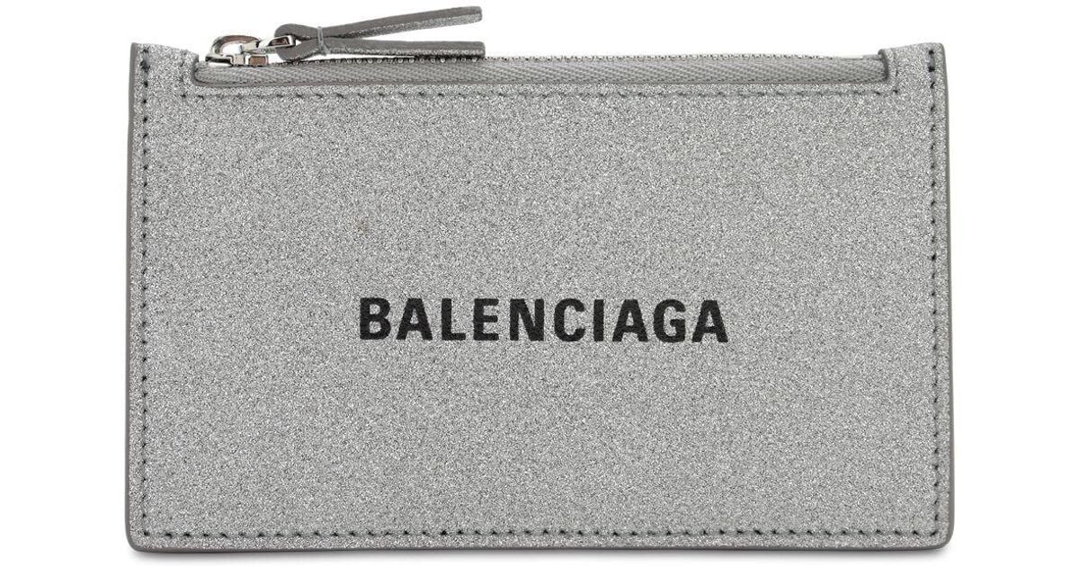 Balenciaga Everyday Glittered Leather Card Holder in Silver (Metallic