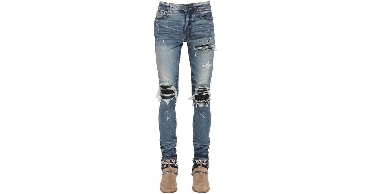Amiri 15cm Mx1 Cotton Denim Jeans W/ Leather in Blue for Men - Lyst