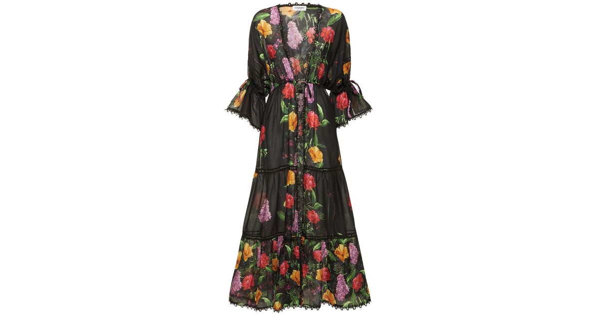Charo Ruiz Gerba Floral Cotton Long Kaftan Dress in Black | Lyst