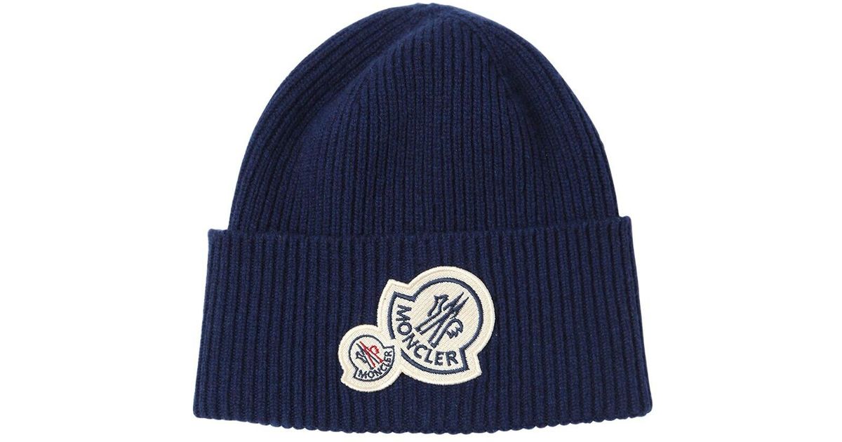 Moncler Wool & Cashmere Beanie W/ Double Patch in Blue | Lyst