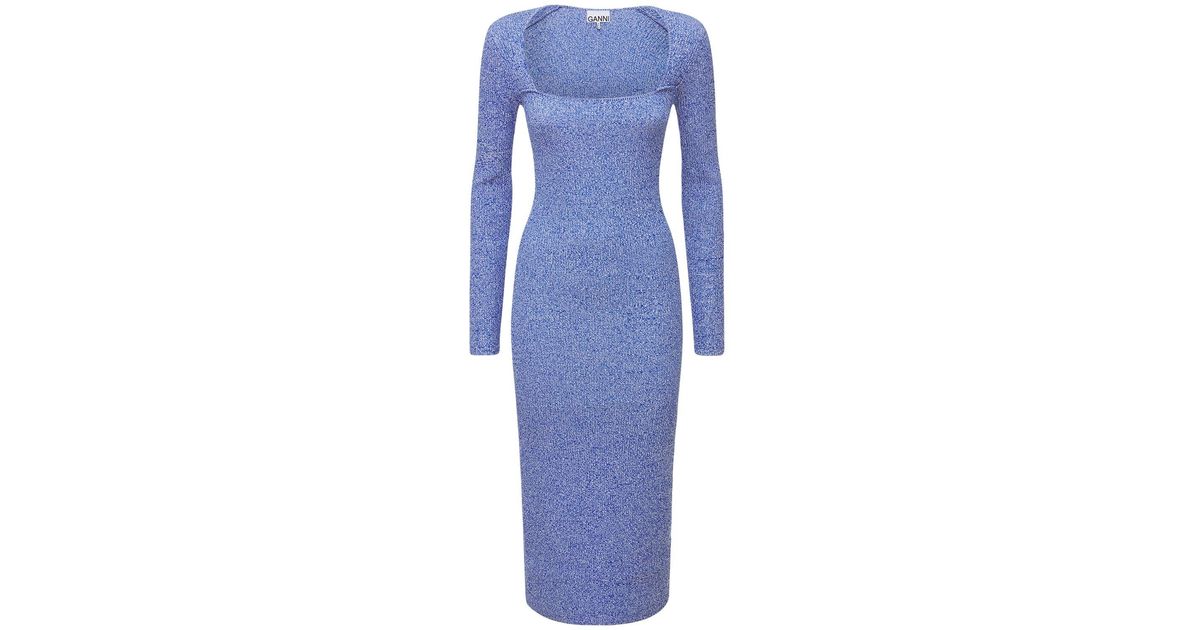 Ganni Melange Rib Knit Midi Dress in Blue | Lyst