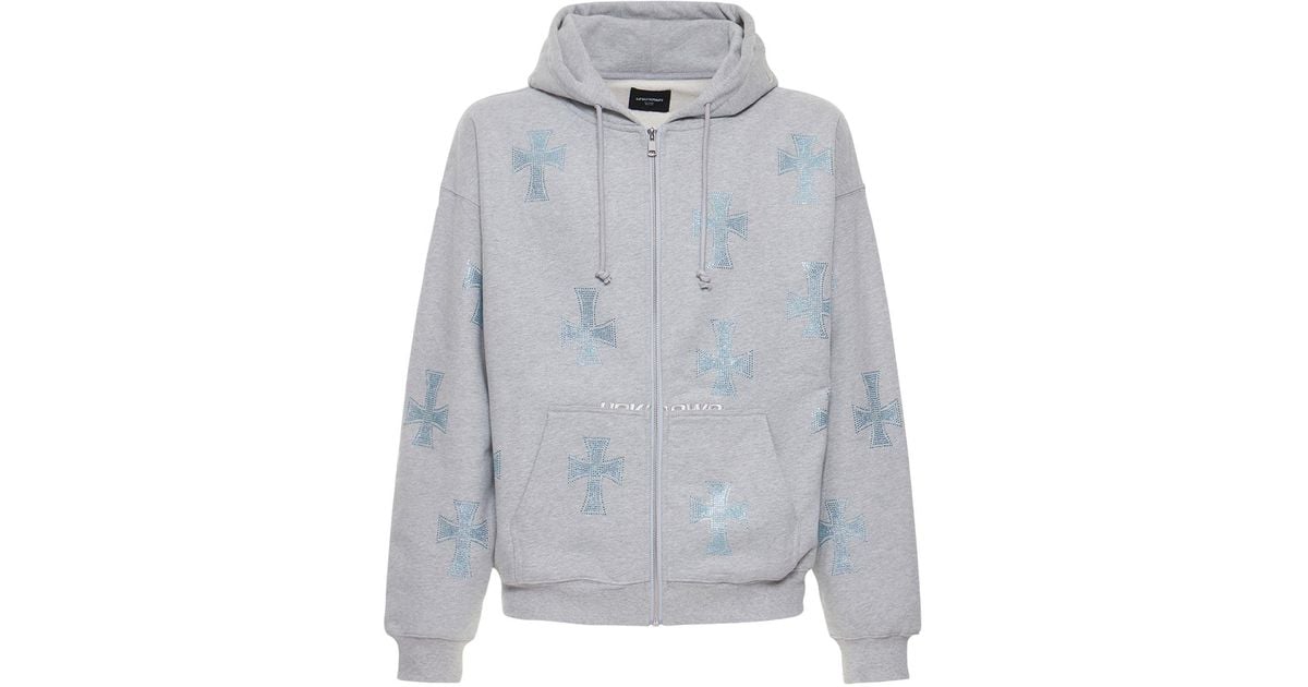 Unknown Grey Rhinestone Cross Cotton Hoodie in Gray for Men | Lyst