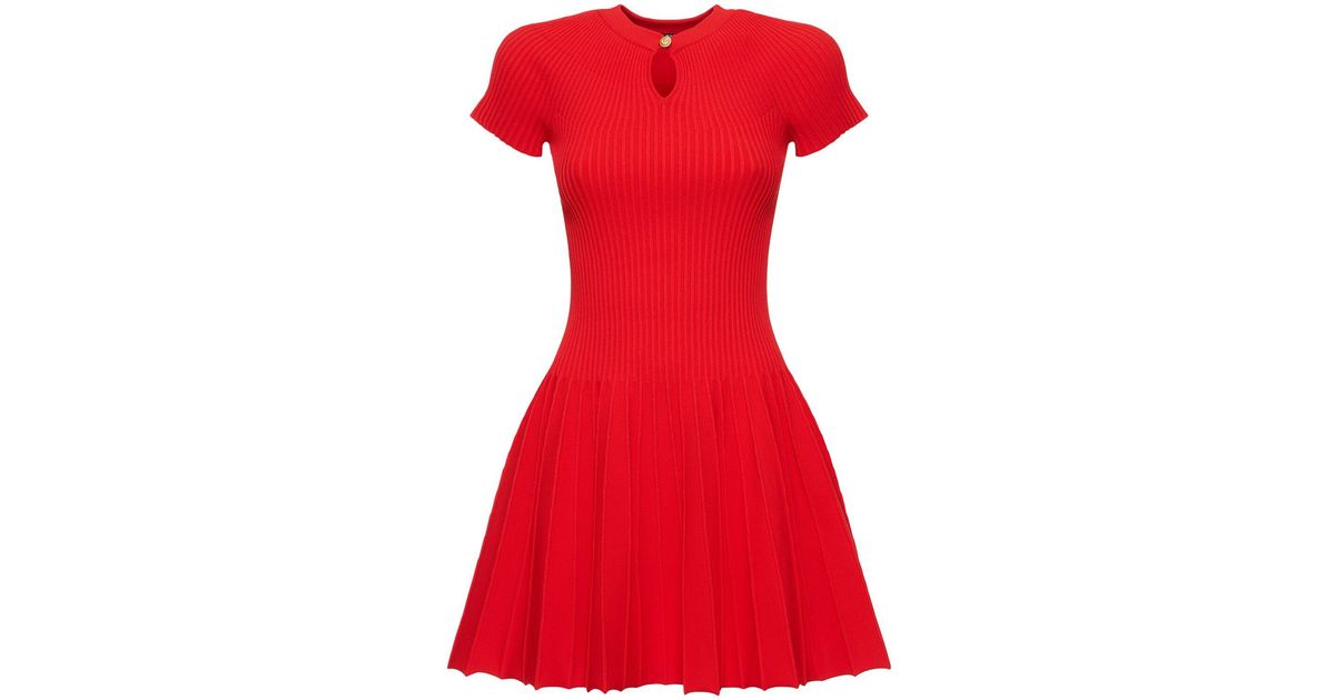 ワンピース BALMAIN SHORT SLEEVES PLEATED KNIT SHORT DRESS Balmain Pleated Knit Short Sleeve Mini Dress in Red | Lyst