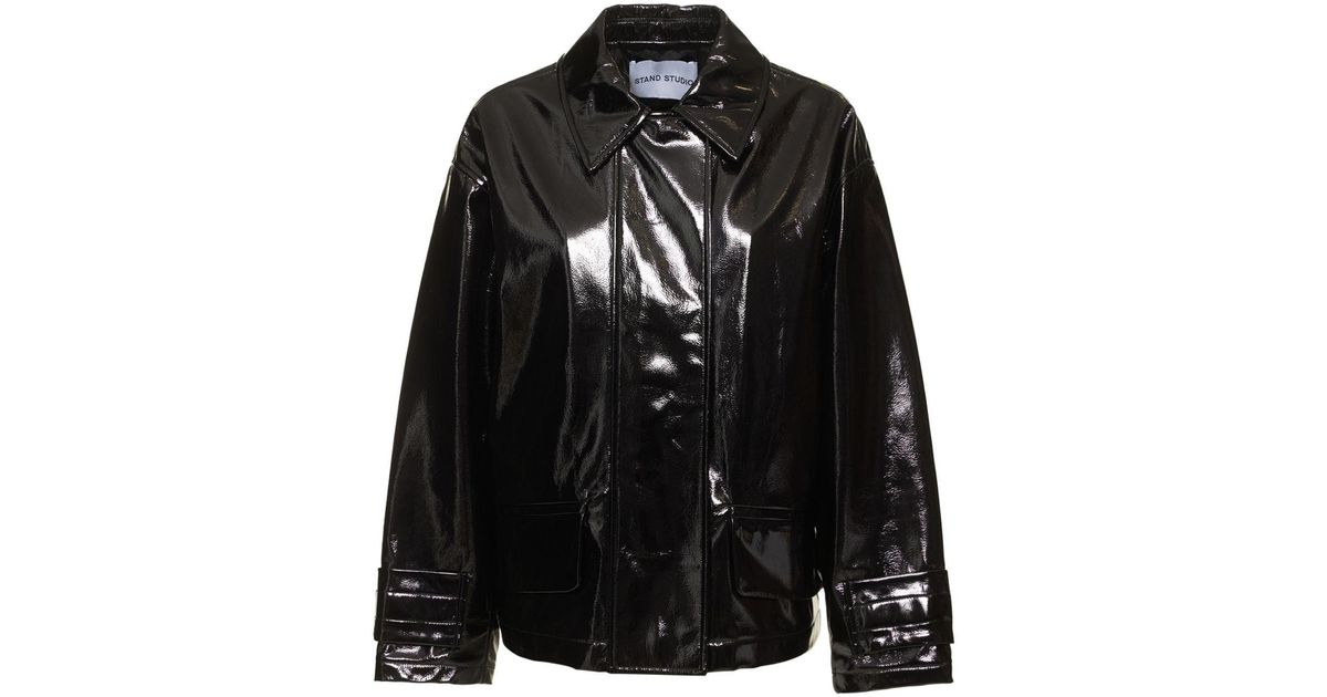 Stand Studio Constance Shiny Faux Leather Jacket in Black | Lyst