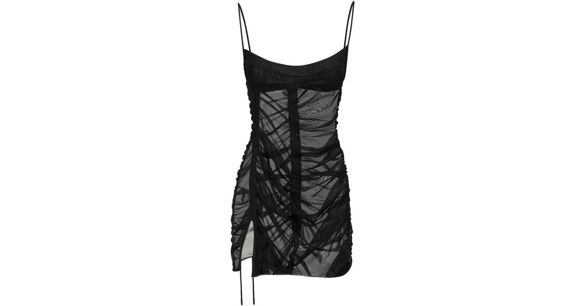 Mugler Ruched Tulle Sheer Mini Dress W/ Slit in Black | Lyst UK