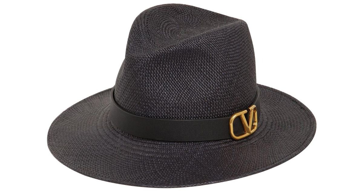 Valentino Garavani Leather Vlogo Straw Hat in Black - Lyst