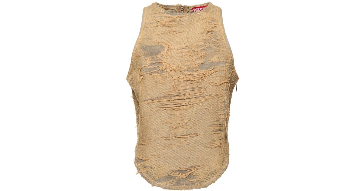 Tシャツ・カットソー DIESEL De astro fsg cotton top destroyed effect Beige Women's Top in overdyed floating-thread denim | Beige | Diesel