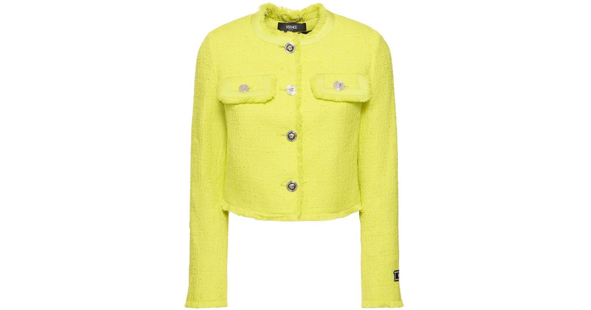 Versace Cotton Blend Tweed Crop Jacket in Yellow