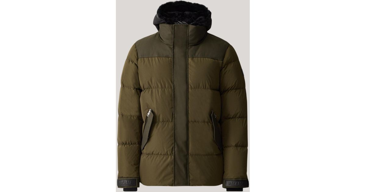 Mackage Reynold Down Coat With Removable Shearling Bib And Hood In Army